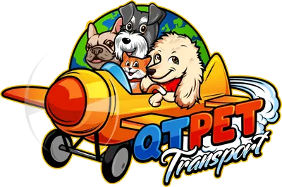 QT Pet Transport logo with three dogs flying in a bright orange airplane