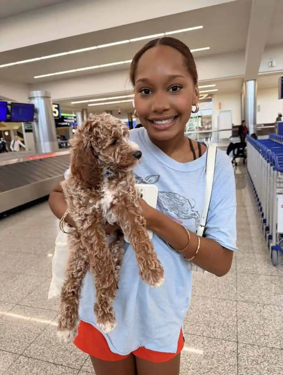 Smiling customer holding a doodle puppy at the airport